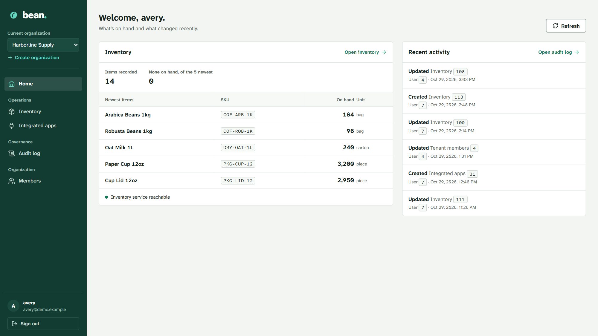 The Bean home screen: an inventory summary with the newest items and their quantities, and a recent-activity feed from the audit log.