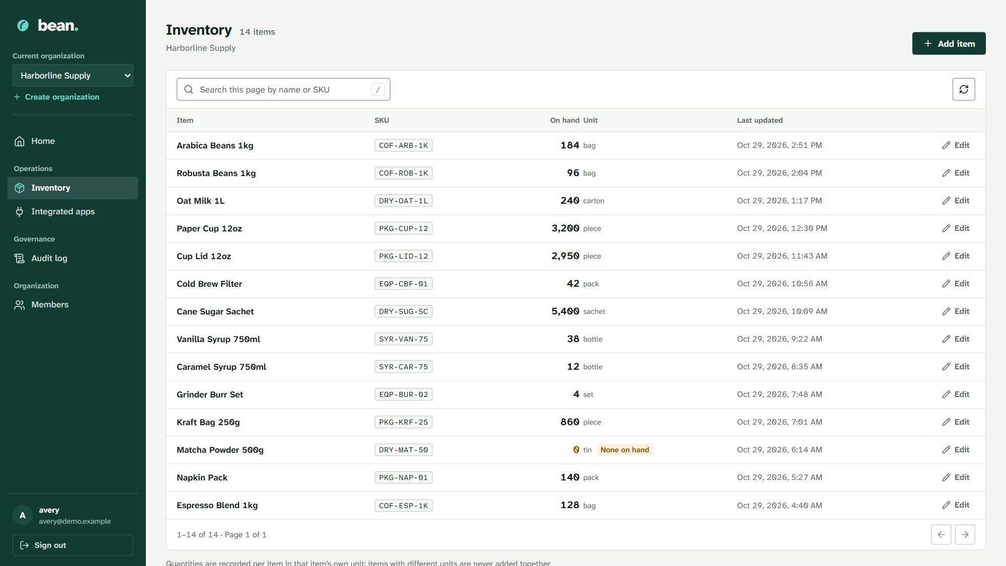 Bean's inventory list: items with SKU labels, quantities and units, last-updated times and edit actions.