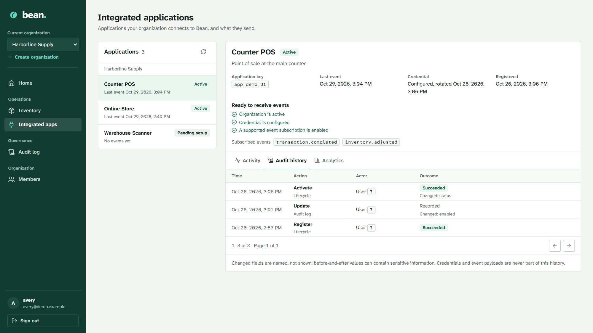 Audit history for an integrated application showing register, update and activate actions with their outcome.
